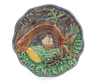 BOSLEY rare Australian pottery plate, celebrating the Centenary of South Australia, impressed "Bosley Ware, Mitcham, S. Aust.", 22cm wide