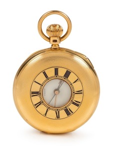 JAMES McCABE fine antique English 18ct gold half hunter pocket watch with enamel crest on the reverse with the motto "DEEDS NOT WORDS", crown wind time going movement with additional key wind going barrel for the true seconds sweep seconds hand with start stop slider, bi-mechanic balance wheel with fine timing screws with duplex escapement, white enamel dial and Roman numerals, dial marked "JAMES McCABE, Royal Exchange, London." serial No. 02662. Stamped "18",