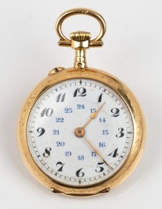 A lady's antique fob watch in a three coloured gold case with crown wind movement and Arabic numerals, 19th century, 4.2cm high overall, 19.7 grams total weight including movement