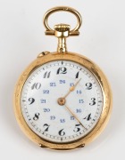 A lady's antique fob watch in a three coloured gold case with crown wind movement and Arabic numerals, 19th century, 4.2cm high overall, 19.7 grams total weight including movement