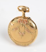 A lady's antique fob watch in a three coloured gold case with crown wind movement and Arabic numerals, 19th century, 4.2cm high overall, 19.7 grams total weight including movement - 2