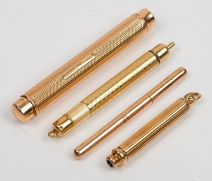 Two antique travelling pencils, one stamped "TIFFANY & Co.", a rose gold needle case with needle and an antique pen casing stamped "15ct" by MORDAN & Co. (4 items)
