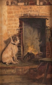 ARTIST UNKNOWN, (untitled dog next to fireplace), oil on card, signed lower left "M. G. B., 1910", 26 x 16cm, 36 x 26cm overall