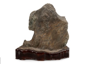 SUISEKI Japanese scholar's stone on fitted carved timber stand, 40cm high overall