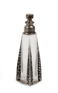 LALIQUE French Art Decosquare form perfume bottle with grey stained finish, circa 1925, stamped "R. LALIQUE, PARIS, FRANCE", 13.5cm high