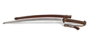 JAPANESE ARMY OFFICERS SHIN-GUNTO: 27 ½” excellent blade with clear harmon line; cat scratches to habaki, standard brass Military Tsuba & hilt fittings; cotton hilt binding over same hilt fittings; floral Menuko & pommel decorations; complete with sword k