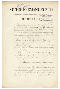 BENITO MUSSOLINI and KING VICTOR EMMANUEL III, signed document dated 22nd November 1923, both signatures in strong ink. 25 x 38cm overall. Victor Emmanuel III (Vittorio Emanuele Ferdinando Maria Gennaro di Savoia; 11 Nov.1869 – 28 Dec.1947) was King of It