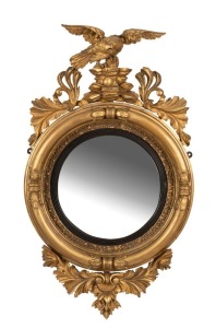 TRAFALGAR antique English butler's mirror in gilt frame, a fine example adorned with Victorious English eagle holding a cannon ball, early 19th century. Note: The ebonised trim in memory of Horatio Nelson. 101cm high