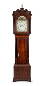 An antique English long case grandfather clock in mahogany case with fine stringing, cross-banding and satinwood bell inlay, full fluted columns to the hood and trunk and box style swan neck pediment, eight day time and bell striking movement with moonphase roller and painted dial with Roman numerals, circa 1780, 251cm high, 65cm wide, 30cm deep
