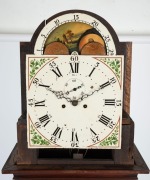 An antique English&nbsp;long case grandfather clock in mahogany case with fine stringing, cross-banding and satinwood bell inlay, full fluted columns to the hood and trunk and box style swan neck pediment, eight day time and bell striking movement with moonpha - 2