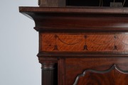 An antique English&nbsp;long case grandfather clock in mahogany case with fine stringing, cross-banding and satinwood bell inlay, full fluted columns to the hood and trunk and box style swan neck pediment, eight day time and bell striking movement with moonpha - 4