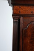An antique English&nbsp;long case grandfather clock in mahogany case with fine stringing, cross-banding and satinwood bell inlay, full fluted columns to the hood and trunk and box style swan neck pediment, eight day time and bell striking movement with moonpha - 5