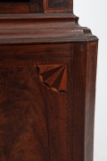 An antique English&nbsp;long case grandfather clock in mahogany case with fine stringing, cross-banding and satinwood bell inlay, full fluted columns to the hood and trunk and box style swan neck pediment, eight day time and bell striking movement with moonpha - 6