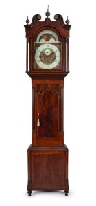 An antique English grandfather clock in mahogany case with checkered string inlay, cross-banding, swan neck pediment, and triple Gothic arched door, eight day time and bell striking movement with moonphase roller and painted dial with Roman numerals, circ