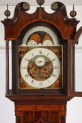 An antique English grandfather clock in mahogany case with checkered string inlay, cross-banding, swan neck pediment, and triple Gothic arched door, eight day time and bell striking movement with moonphase roller and painted dial with Roman numerals, circ - 2