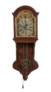 An antique Dutch Staart wall clock with alarm movement, hand-painted dial and Roman and Arabic numerals, 18th/19th century, 103cm high