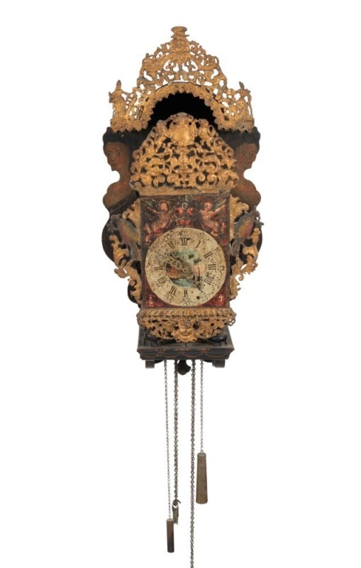 An antique Dutch Freisland wall clock with hand-painted case and dial, 19th century, 