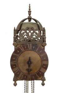 An antique English lantern clock with weight driven 30 hour movement, early 20th century, the case 37cm high overall