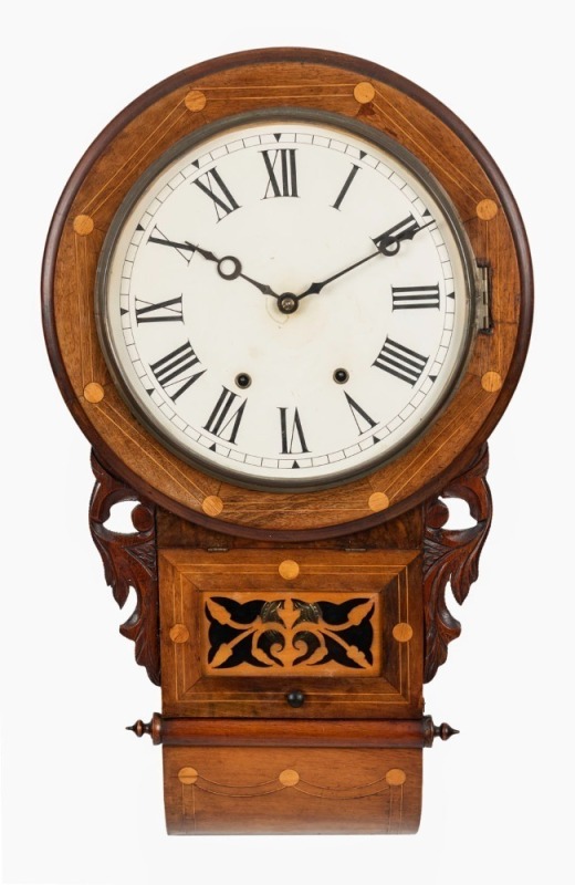 An antique American drop dial wall clock in walnut case, with eight day time and strike movement, 19th century, ​​​​​​​70cm high