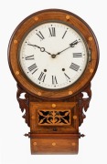 An antique American drop dial wall clock in walnut case, with eight day time and strike movement, 19th century, ​​​​​​​70cm high