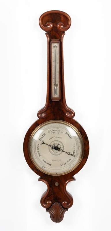 An antique English round topped mercury wheel barometer in mahogany case with mercury thermometer and 10" dial, engraved "JOHN PENSOTTI, GRAVESEND", circa 1860, 100cm high