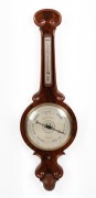 An antique English round topped mercury wheel barometer in mahogany case with mercury thermometer and 10" dial, engraved "JOHN PENSOTTI, GRAVESEND", circa 1860, 100cm high