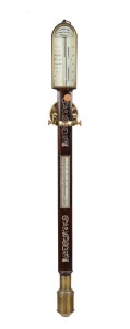 SPENCER BROWNING & Co. of London, antique English bow fronted marine barometer in rosewood and mother of pearl case, with ivory register plates surrounded in quality brass mouldings, circa 1860, (later brass wall mount gimble), 95cm high