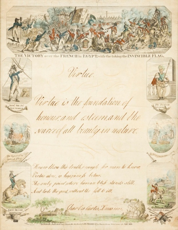 "THE VICTORY OVER THE FRENCH IN EGYPT, WITH THE TAKING THE INVINCIBLE FLAG", hand-coloured engraving showing numerous views and vignettes of battle scenes and protagonists, circa 1801, 52 x 32cm overall