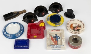ADVERTISE WARE, group of 12 assorted ceramic, glass, bakelite and vintage plastic ashtrays including MARTELL COGNAC, COURVOISIER COGNAC, CHAMPAGNE CANARD, RICARD and others, 20th century, the champagne bottle 17cm long