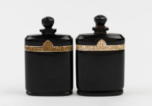 FACTICE NUIT DE NOEL CARON two vintage French black glass perfume bottles made by BACCARAT, 8cm high