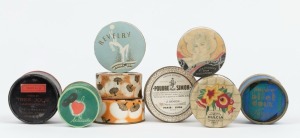 Nine assorted vintage Art Deco circular card powder boxes (some with original contents), including POUDRE SIMON, SERGY, REVELRY, CHERAMY, COTY, TRES JOLIE, etc, the largest 8.5cm diameter