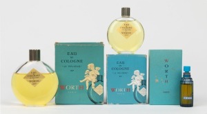 WORTH "JE REVIENS" in original box, bottle stamped "LALIQUE, MADE IN FRANCE, WORTH"; together with two bottles WORTH "JE REVIENS" Eau De Cologne in original boxes, both bottles stamped "LALIQUE", (3 items), the bottles 8cm and 9.5cm high