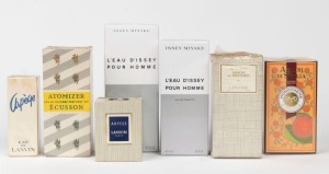 Seven assorted bottles of perfume in original packaging, including ARPEGE LAVIN, LANCOME, ISSEY MIYAKE, ECUSSON and MONOTHEME, the largest box 19cm high overall