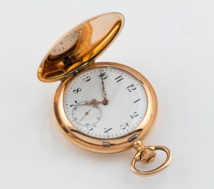 An antique 14ct gold cased full hunter pocket watch with crown wind movement and Arabic numerals, 19th century, 7cm high overall, 94 grams total including movement