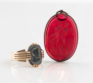 An antique 9ct yellow gold signet ring, set with intaglio cut stone with classical profile portrait; together with an intaglio cut red stone mounted as a pendant, 19th century, (two items), the ring 7.7 grams total