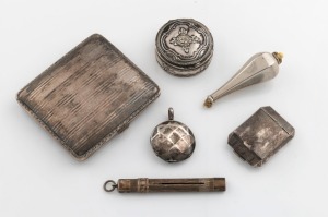 Continental silver cigarette case, silver pill boxes, pendant, etc, 19th/20th century, (6 items), 142 grams total