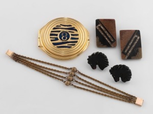 A four strand rope twist bracelet with 9ct gold clasp, a powder compact and two pairs of vintage Art Deco earrings,