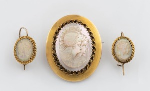 An antique shell carved cameo brooch mounted in 9ct yellow gold; together with a pair of 9ct yellow gold mounted earrings, 19th century, the brooch 3.6cm high