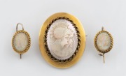 An antique shell carved cameo brooch mounted in 9ct yellow gold; together with a pair of 9ct yellow gold mounted earrings, 19th century, ​​​​​​​the brooch 3.6cm high