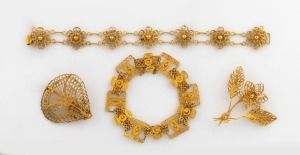 Two yellow filigree gold bracelets and two brooches, from British Guyana in South America, (4 items), stamped "12ct", 30.7 grams total