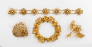 Two yellow filigree gold bracelets and two brooches, from British Guyana in South America, (4 items), stamped "12ct", 30.7 grams total