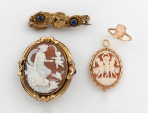 An antique 9ct gold and cameo ring, an antique yellow gold and blue stone brooch, an antique pinchbeck and cameo brooch, plus a gold mounted cameo pendant, 19th/20th century, (4 items)