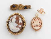 An antique 9ct gold and cameo ring, an antique yellow gold and blue stone brooch, an antique pinchbeck and cameo brooch, plus a gold mounted cameo pendant, 19th/20th century, (4 items)