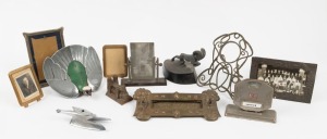 Vintage and antique picture frames, car mascots, desk calendars and ornaments, 19th/20th century, (12 items), the ram car mascot 12cm high