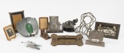 Vintage and antique picture frames, car mascots, desk calendars and ornaments, 19th/20th century, (12 items), the ram car mascot 12cm high