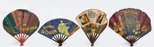 Four antique French fans advertising perfumes and spirits, early 20th century, the largest 34cm wide