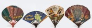 Four antique French fans advertising perfumes and spirits, early 20th century, the largest 34cm wide