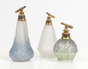 Three French Art Deco floral glass atomizers, circa 1930, the largest 16cm high