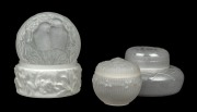 Three French Art Deco frosted glass lidded bowls, circa 1930, the largest 13cm diameter