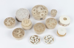 Twelve assorted vintage circular powder boxes and ointment jars, all with cream bakelite or plastic lids, including BETTY JOY, 20th century, the largest 12cm diameter